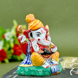 Enameled Metal Pagdi Ganesha Idol - 3 Inches - Yellow-Red