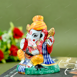 Enameled Metal Pagdi Ganesha Idol - 3 Inches - Yellow-Red
