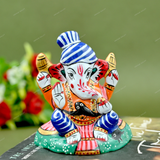Enameled Metal Pagdi Ganesha Idol - 3 Inches - Blue & Orange