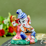Enameled Metal Pagdi Ganesha Idol - 3 Inches - Blue & Orange