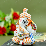 Enameled Metal Pagdi Ganesha Idol - 2.5 Inches - Blue & Orange