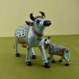 Meenakari Cow & Calf Royal White-White I Hand-Enameled in Metal I Gift/Home Decor I Living Room - Set of 2 - Vintage Gulley