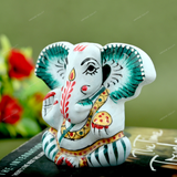 Enameled Metal Appu Ganesha Idol - 2.5 Inches - White & Green