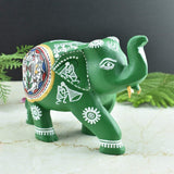 Wooden Hand-Painted Elephant with Warli Art Tribal Motif - Green - 5 Inches - Vintage Gulley