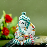 ENAMELED METAL PAGDI GANESHA IDOL - 2.5 INCHES - Green & Red