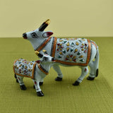 Meenakari Cow & Calf Royal White I Hand-Enameled in Metal I Gift/Home Decor I Living Room I Car I Dashboard - Set of 2 - Vintage Gulley