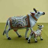 Meenakari Cow & Calf Royal White-White I Hand-Enameled in Metal I Gift/Home Decor I Living Room - Set of 2 - Vintage Gulley