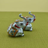 Meenakari Royal White Elephant Sitting I Hand-Enameled in Metal I Gift/Home Decor I Single I Living Room - Set of 2 - Vintage Gulley