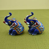 Meenakari Royal Blue Elephant Sitting I Hand-Enameled in Metal I Gift/Home Decor I Single I Living Room - Set of 2 - Vintage Gulley