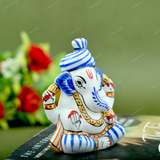 ENAMELED METAL PAGDI GANESHA IDOL - 2.5 INCHES - Blue & Orange