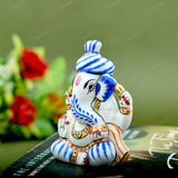 ENAMELED METAL PAGDI GANESHA IDOL - 2.5 INCHES - Blue & Orange