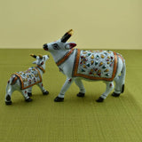 Meenakari Cow & Calf Royal White I Hand-Enameled in Metal I Gift/Home Decor I Living Room I Car I Dashboard - Set of 2 - Vintage Gulley