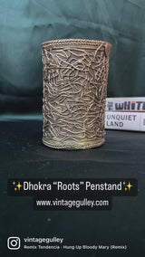 Brass Dhokra Root Designed Cylindrical Pen Stand