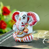 Enameled Metal Appu Ganesha Idol - 2 Inches - White & Red