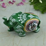 Wooden Hand-Painted Elephant with Warli Art Tribal Motif - Green - 3 Inches - Vintage Gulley