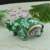 Wooden Hand-Painted Elephant with Warli Art Tribal Motif - Green - 5 Inches - Vintage Gulley