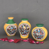 Yellow Warli Hand Painted Terracotta Pot - Set of 3