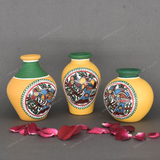 Yellow Warli Hand Painted Terracotta Pot - Set of 3