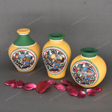Yellow Warli Hand Painted Terracotta Pot - Set of 3