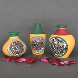 Yellow Warli Hand Painted Terracotta Pot - Set of 3