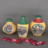 Yellow Warli Hand Painted Terracotta Pot - Set of 3