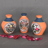 Orange Warli Hand Painted Terracotta Pot - Set of 3