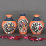 Orange Warli Hand Painted Terracotta Pot - Set of 3