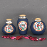 Blue Warli Hand Painted Terracotta Pot - Set of 3