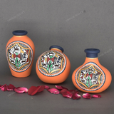 Orange Warli Hand Painted Terracotta Pot - Set of 3
