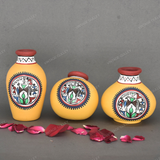 Yellow Warli Hand Painted Terracotta Pot - Set of 3