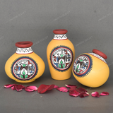 Yellow Warli Hand Painted Terracotta Pot - Set of 3