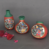 Red Warli Hand Painted Terracotta Pot - Set of 3