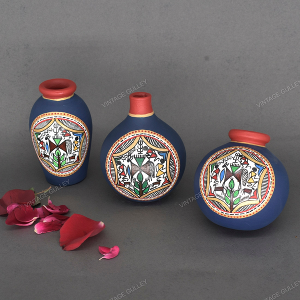 Blue Warli Hand Painted Terracotta Pot - Set of 3