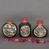 Black Warli Hand Painted Terracotta Pot - Set of 3