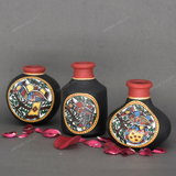 Black Warli Hand Painted Terracotta Pot - Set of 3