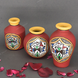 Red Warli Hand Painted Terracotta Pot - Set of 3