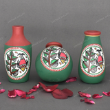 Green Warli Hand Painted Terracotta Pot - Set of 3