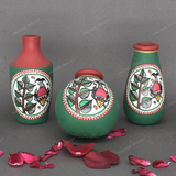 Green Warli Hand Painted Terracotta Pot - Set of 3