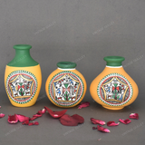 Yellow Warli Hand Painted Terracotta Pot - Set of 3