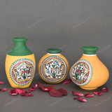Yellow Warli Hand Painted Terracotta Pot - Set of 3