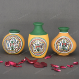 Yellow Warli Hand Painted Terracotta Pot - Set of 3