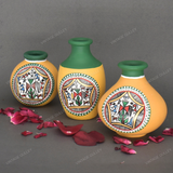 Yellow Warli Hand Painted Terracotta Pot - Set of 3