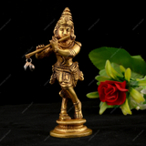 Brass Lord Krishna Idol Playing Flute - Small