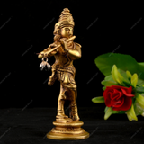 Brass Lord Krishna Idol Playing Flute - Small