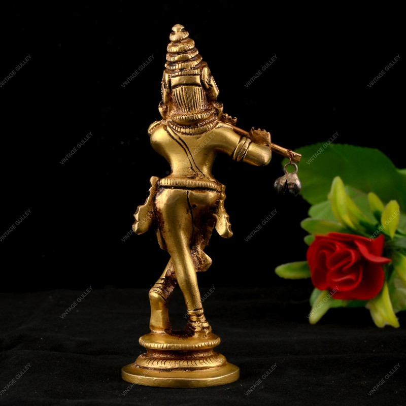 Brass Lord Krishna Idol Playing Flute - Small