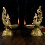Brass Dancing Peacock Diya - Set of 2