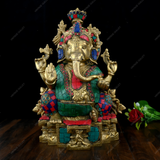 Brass Ganesha Charbhuja Idol Stonework