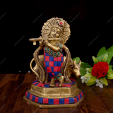 Brass Krishna with Cow Stonework