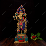 Brass Lord Krishna Stonework - 14 Inches