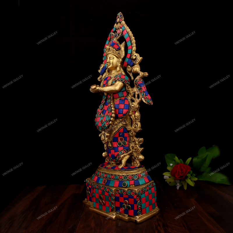 Brass Goddess Radha Stonework - 14 Inches